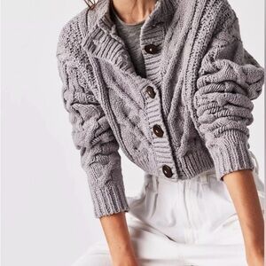 Free People Bonfire CardiganChunky Cable Knit Button-Front Cardigan - Light Gray